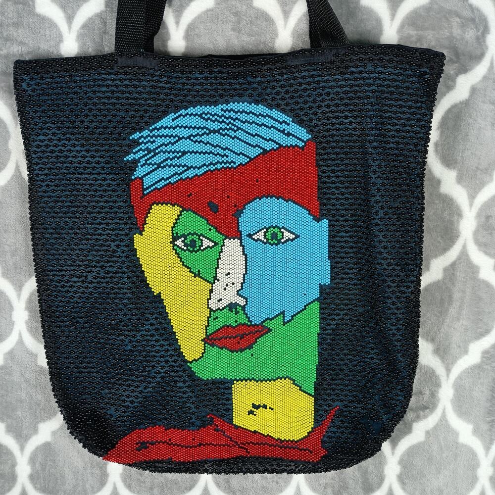 Abstract Face Beaded Tote Bag Womens Large Multicolor Art Novelty Purse